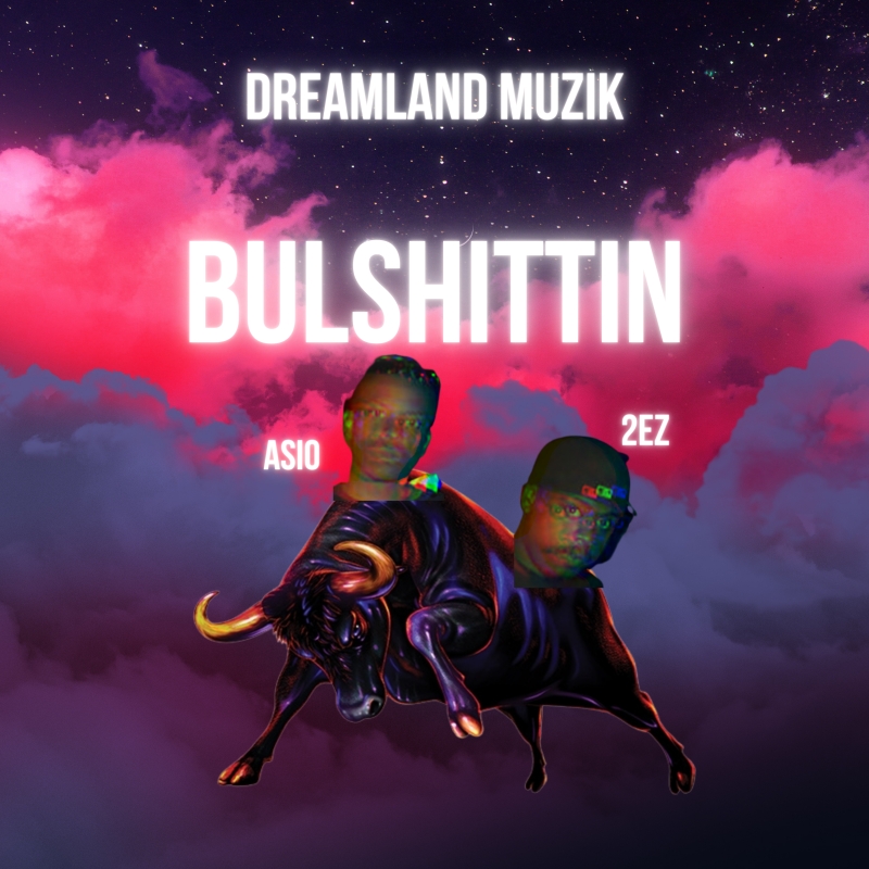 Album cover for Bull SH. Faces of band members Asio and 2EZ on top of a bucking bull