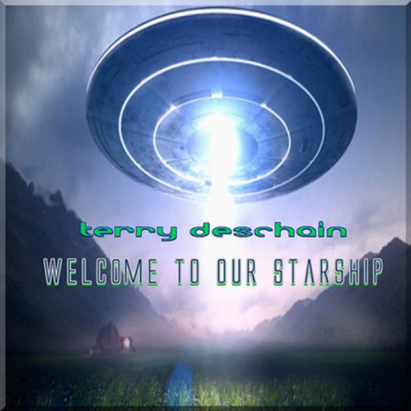 Album cover for Terry's Album: Welcome to our Starship. Drawing of UFO over cornfield at night